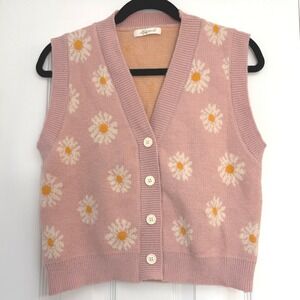 Hyipels Pink Daisy Knit Sweater Vest Cottagecore‎ Preppy Sz Small Button Up